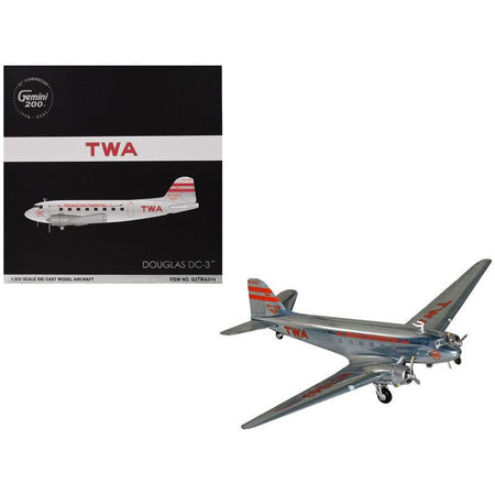 Douglas DC - 3 Commercial Aircraft "TWA (Trans World Airlines)" (NC1943) Polished Metal Finish with Red Tail Stripes "Gemini 200" Series 1/200 Diecast Model Airplane by GeminiJets - GeminiJets - ModelCars.com