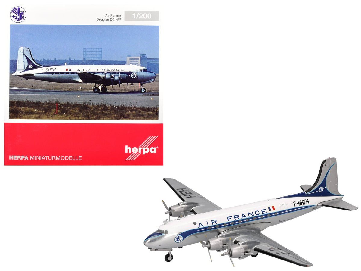 Douglas DC-4 Commercial Aircraft "Air France" (F-BHEH) White with Blue Stripes 1/200 Diecast Model by Herpa-Herpa-ModelCars.com