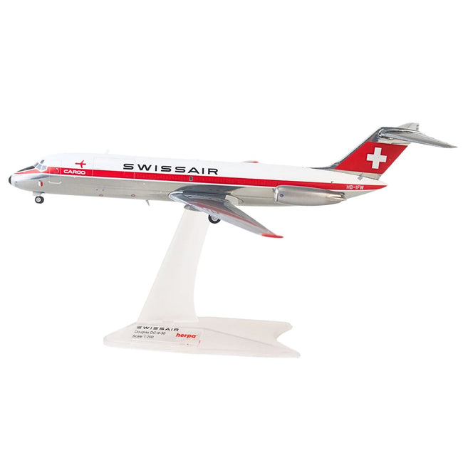 Douglas DC-9-30F Commercial Aircraft "Swissair" (HB-IFW) White with Red Stripes 1/200 Diecast Model Airplane by Herpa-GeminiJets-ModelCars.com