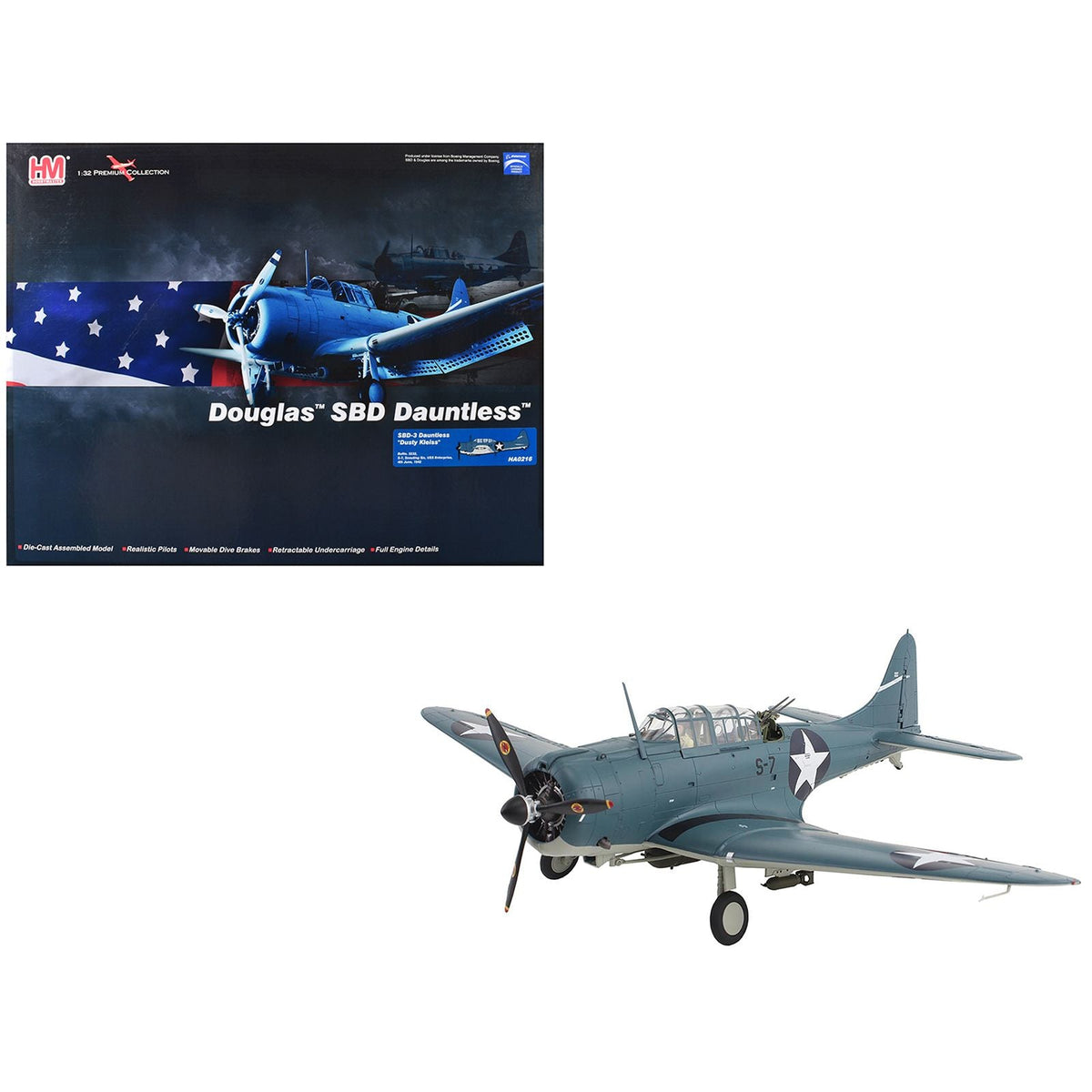 Douglas SBD-3 Dauntless Aircraft "Dusty Kleiss S-7 Scouting Six USS Enterprise" (1942) United States Navy "Premium Collection" 1/32 Diecast Model by Hobby Master-Hobby Master-ModelCars.com