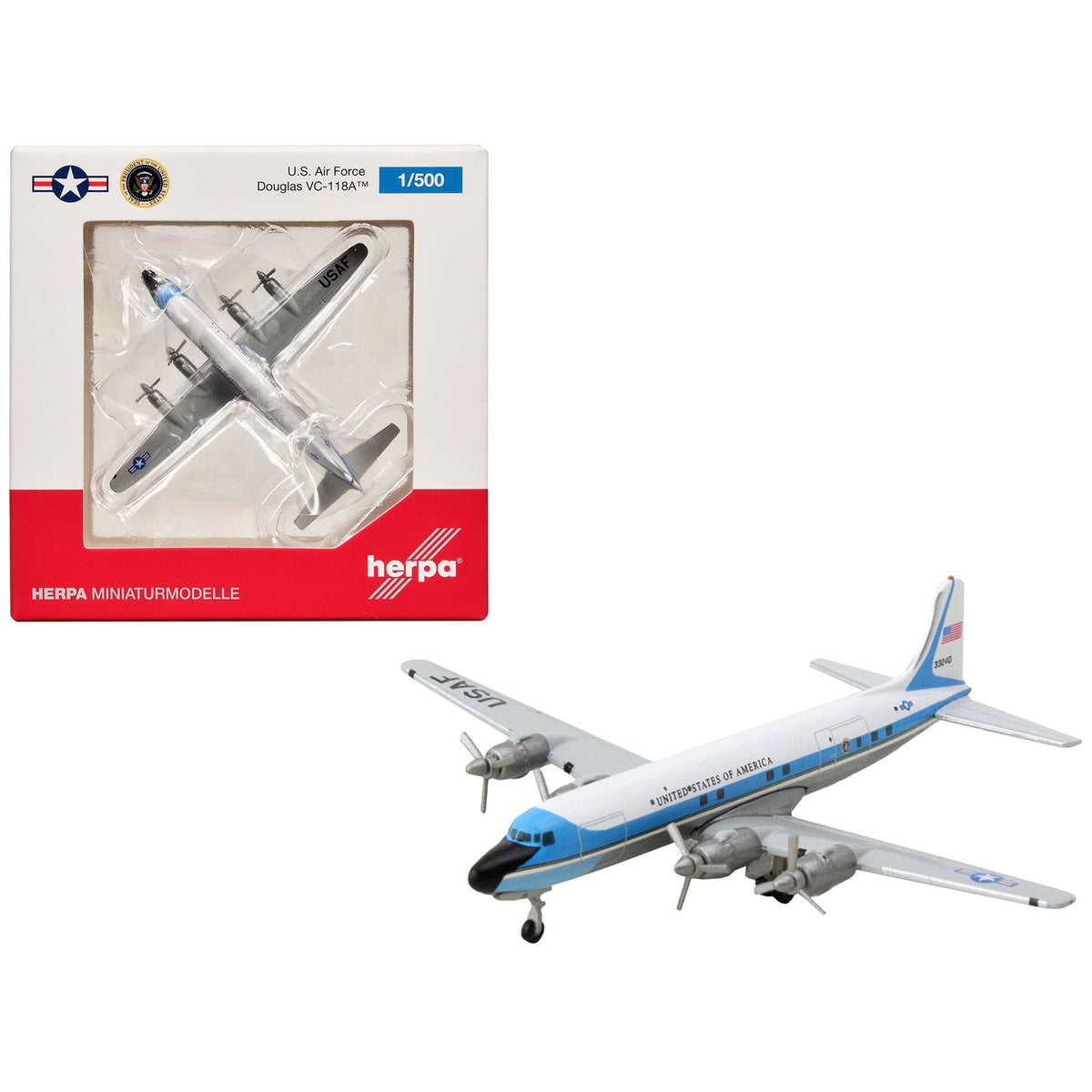 Douglas VC-118A Transport Aircraft "United States Air Force One 1254th Air Transport Wing Andrews Air Base" (53-3240) White with Blue Stripes 1/500 Diecast Model Airplane by Herpa-Herpa-ModelCars.com