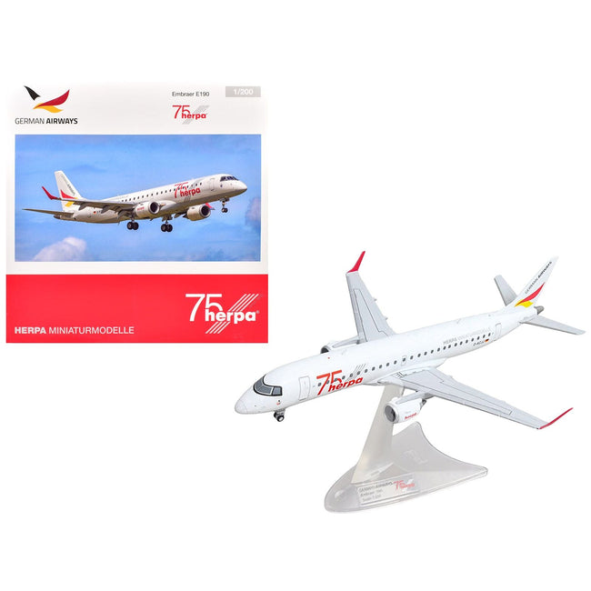 Embraer E190 Commercial Aircraft "German Airways - Herpa 75 Years" (D-ACJJ) White with Graphics 1/200 Diecast Model by Herpa-Herpa-ModelCars.com