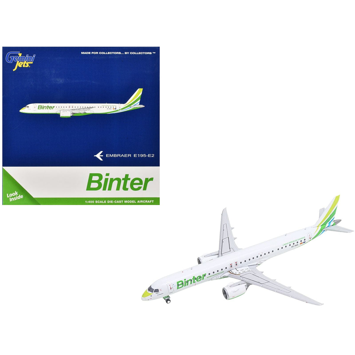 Embraer E195-E2 Commercial Aircraft "Binter Canarias" (EC-OEA) White with Green Tail Stripes Stripes 1/400 Diecast Model Airplane by GeminiJets-GeminiJets-ModelCars.com