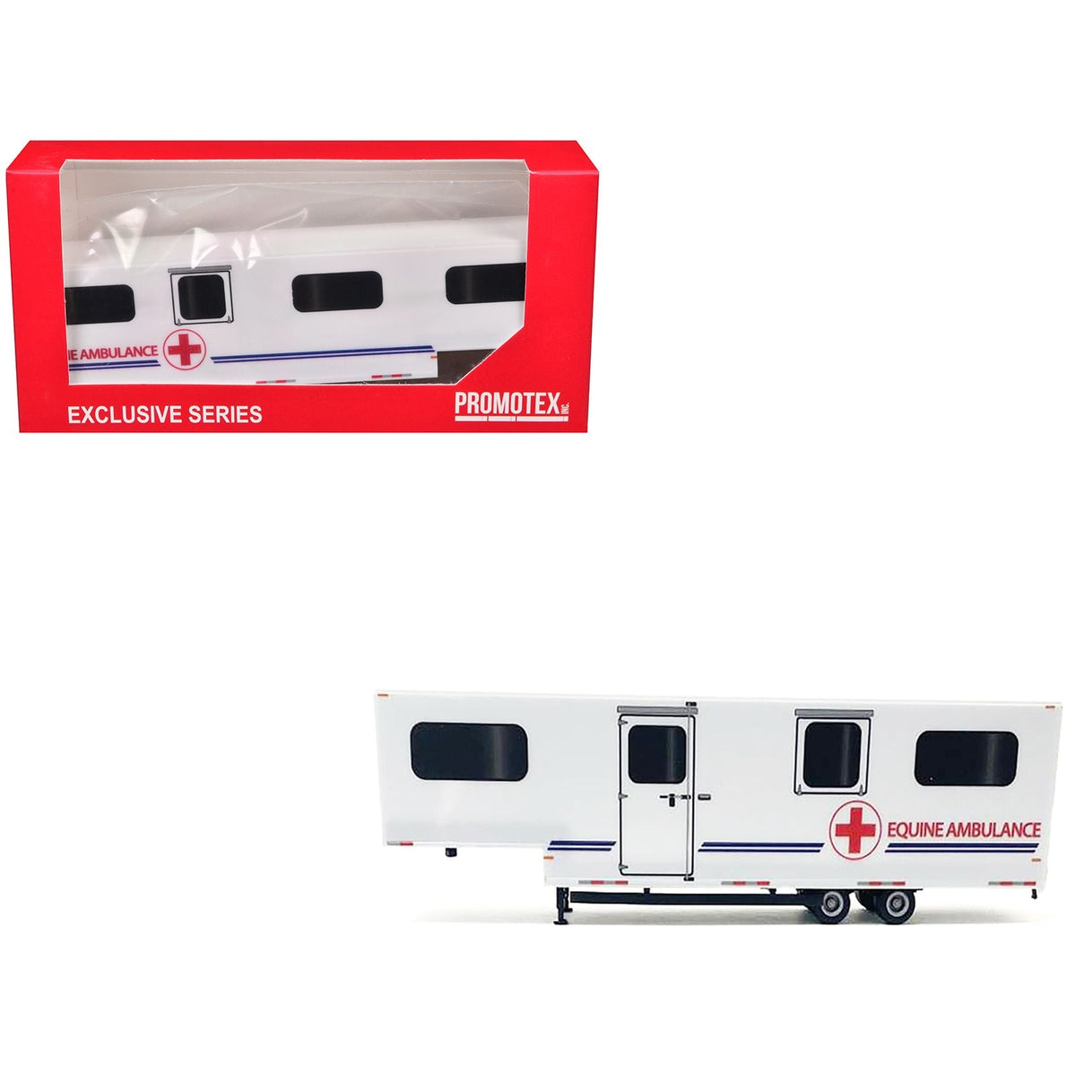 Equine Ambulance Trailer White with Blue Stripes 1/87 (HO) Plastic Model by Promotex-Promotex-ModelCars.com