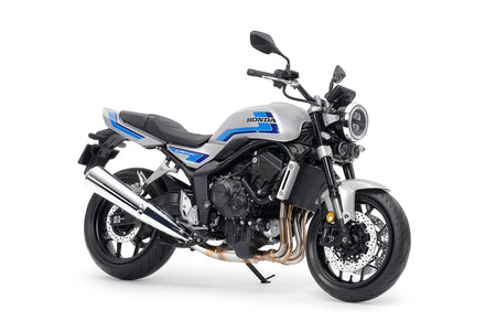 Silver and blue Honda motorcycle.