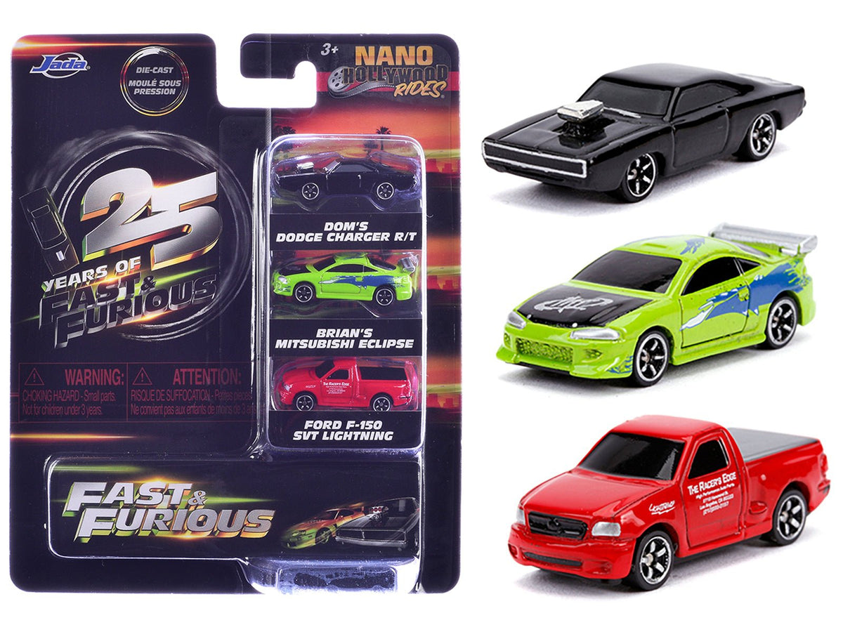 "Fast & Furious 25th Anniversary" 3 piece Set 1 "Nano Hollywood Rides" Diecast Model Cars by Jada-Jada-ModelCars.com