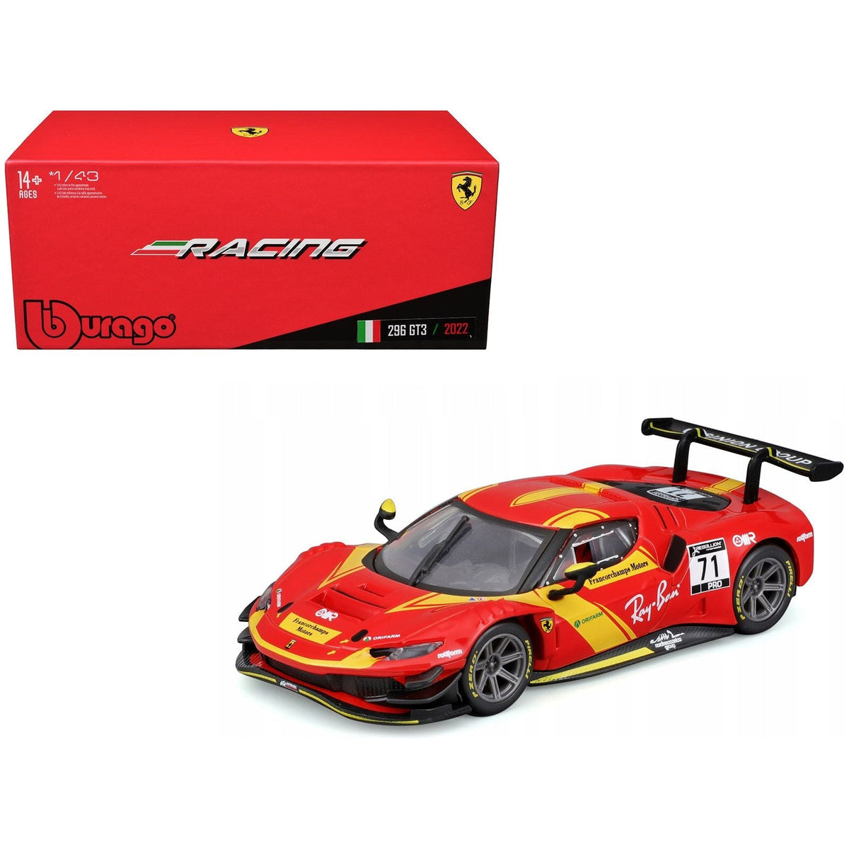 Ferrari 296 GT3 #71 Red "Francorchamps Motors" (2022) "Racing" Series with Display Case 1/43 Diecast Model Car by Bburago-Bburago-ModelCars.com
