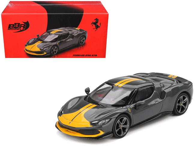 Ferrari 296 GTB Assetto Fiorano Grigio Scuro (Dark Gray) with Yellow Stripes 1/64 Diecast Model Car by BBR-BBR-ModelCars.com