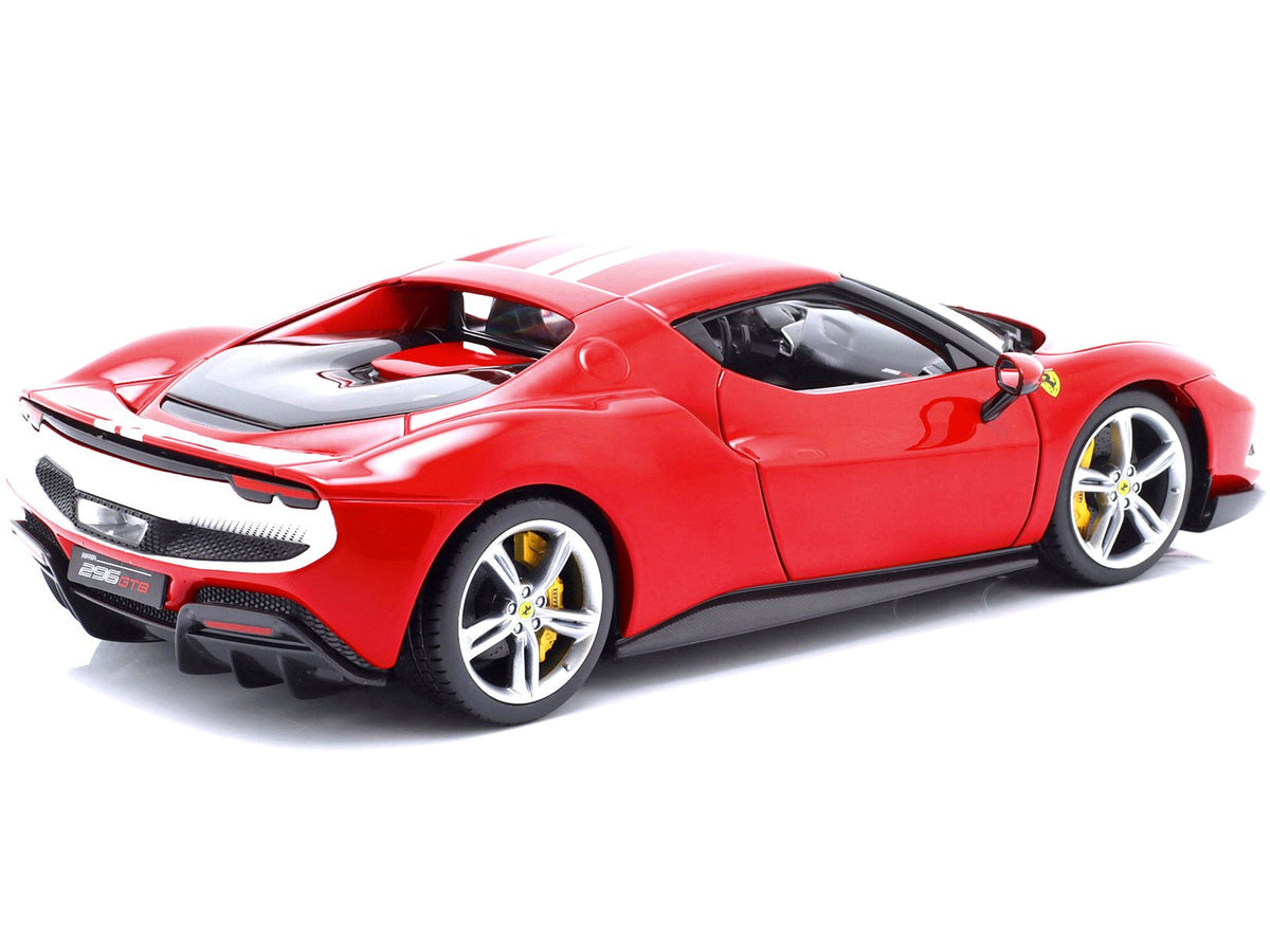 Ferrari 296 GTB Assetto Fiorano Red with White Stripes "Race + Play" Series 1/18 Diecast Model Car by Bburago-Bburago-ModelCars.com