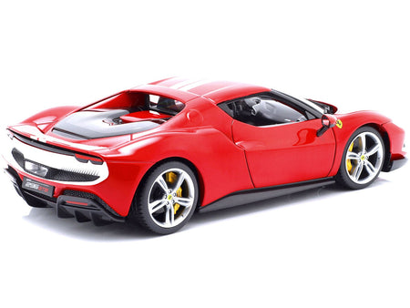 Ferrari 296 GTB Assetto Fiorano Red with White Stripes "Race + Play" Series 1/18 Diecast Model Car by Bburago-Bburago-ModelCars.com