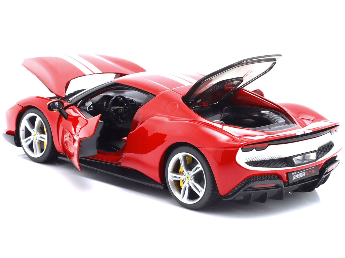 Ferrari 296 GTB Assetto Fiorano Red with White Stripes "Race + Play" Series 1/18 Diecast Model Car by Bburago-Bburago-ModelCars.com