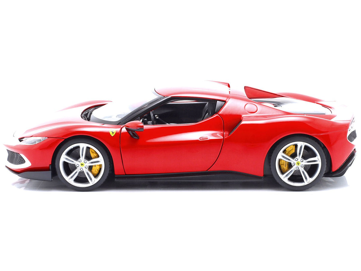 Ferrari 296 GTB Assetto Fiorano Red with White Stripes "Race + Play" Series 1/18 Diecast Model Car by Bburago-Bburago-ModelCars.com