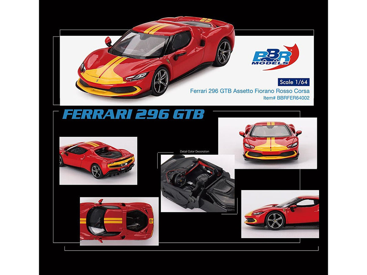 Ferrari 296 GTB Assetto Fiorano Rosso Corsa Red with Yellow Stripes 1/64 Diecast Model Car by BBR-BBR-ModelCars.com