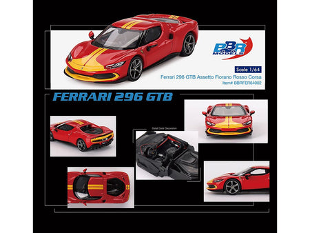 Ferrari 296 GTB Assetto Fiorano Rosso Corsa Red with Yellow Stripes 1/64 Diecast Model Car by BBR-BBR-ModelCars.com