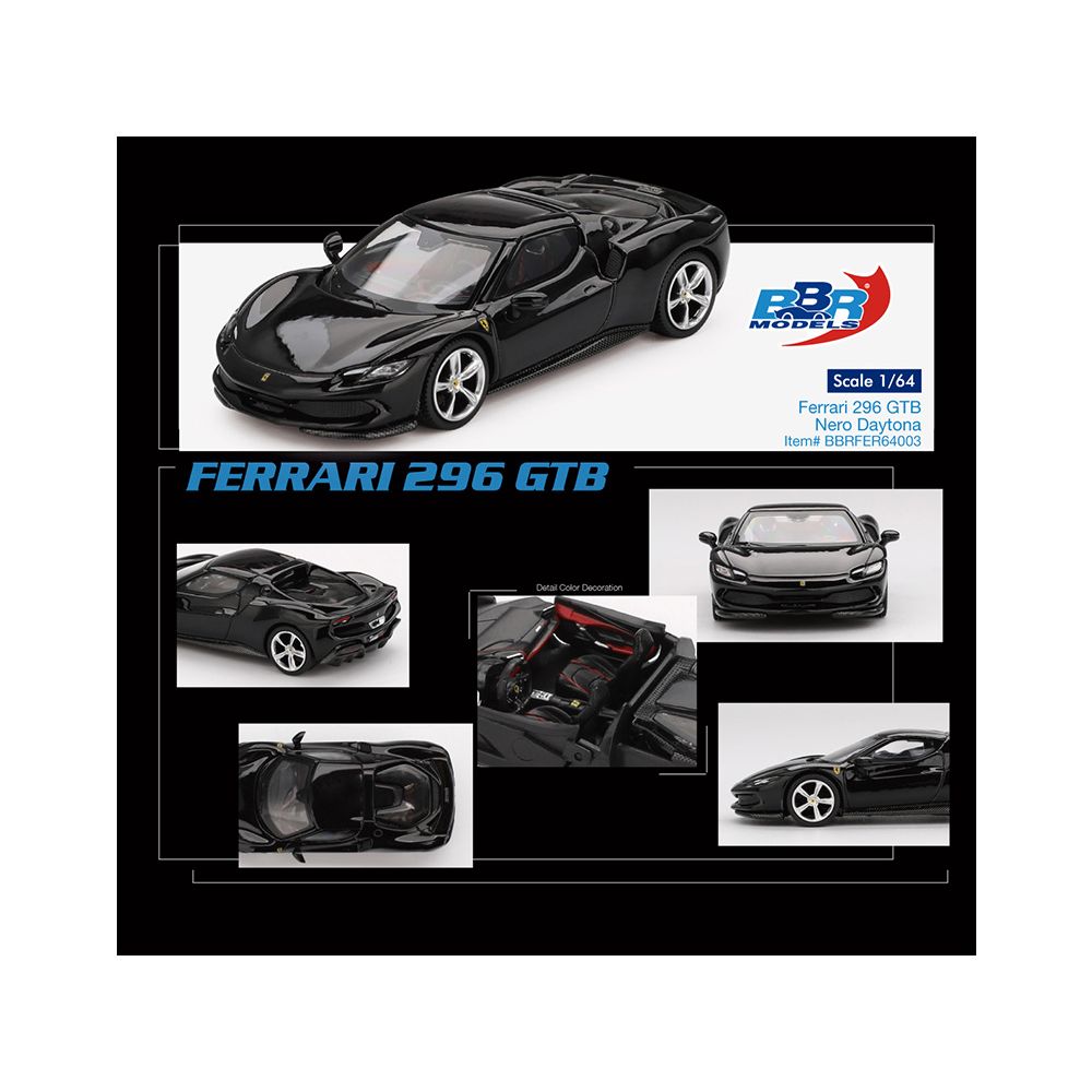 Ferrari 296 GTB Nero Daytona Black 1/64 Diecast Model Car by BBR-BBR-ModelCars.com