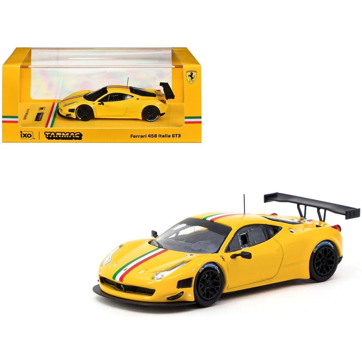 Ferrari 458 Italia GT3 Yellow with Italian Flag Stripes "Road64" Series 1/64 Diecast Model Car by Tarmac Works-Tarmac Works-ModelCars.com