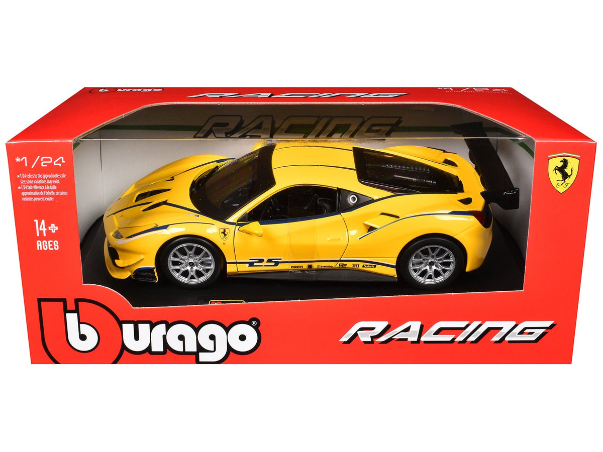 Ferrari 488 Challenge #25 Yellow with Blue Stripes "Ferrari Racing" 1/24 Diecast Model Car by Bburago-Bburago-ModelCars.com