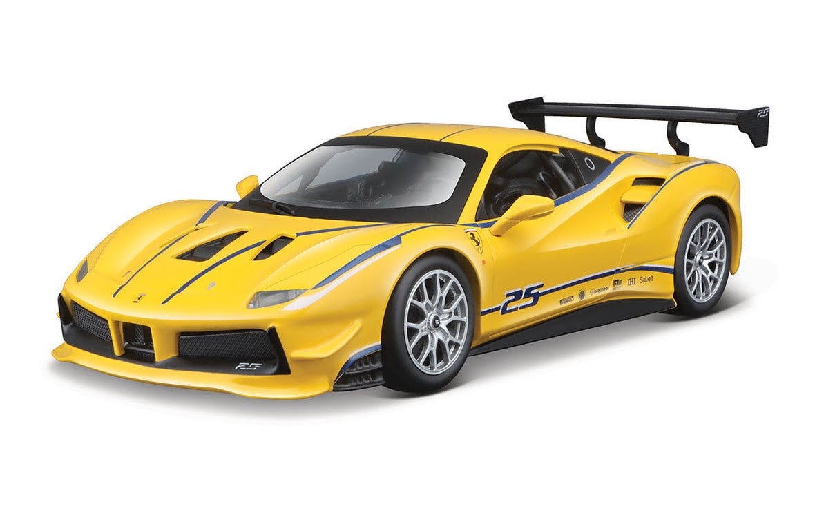 Ferrari 488 Challenge #25 Yellow with Blue Stripes "Ferrari Racing" 1/24 Diecast Model Car by Bburago-Bburago-ModelCars.com