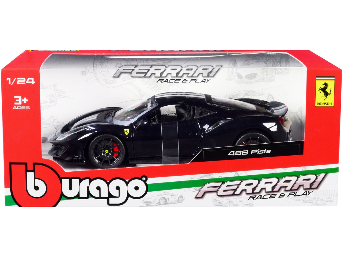 Ferrari 488 Pista Dark Blue Metallic with Silver Stripes 1/24 Diecast Model Car by Bburago-Bburago-ModelCars.com