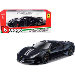 Ferrari 488 Pista Dark Blue Metallic with Silver Stripes 1/24 Diecast Model Car by Bburago