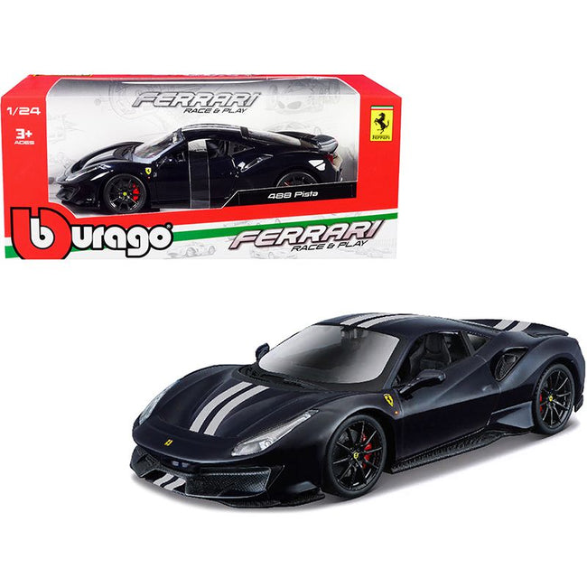 Ferrari 488 Pista Dark Blue Metallic with Silver Stripes 1/24 Diecast Model Car by Bburago-Bburago-ModelCars.com