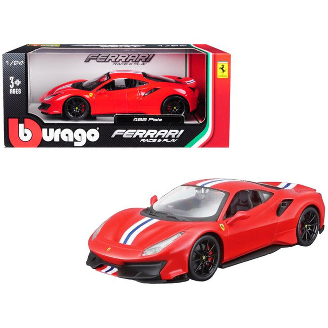 Ferrari 488 Pista Red with White and Blue Stripes 1/24 Diecast Model Car by Bburago-Bburago-ModelCars.com