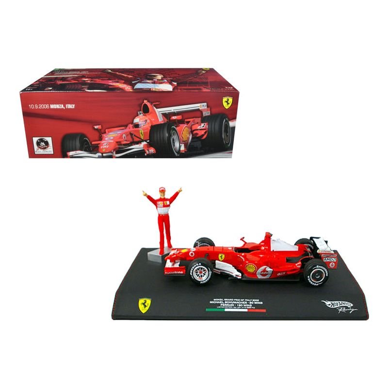 Ferrari 5 Michael Schumacher Winner F1 Formula One Monza Italian GP (2006) with Michael Schumacher Figurine 1/18 Diecast Model Car by Hot Wheels - Hotwheels - ModelCars.com