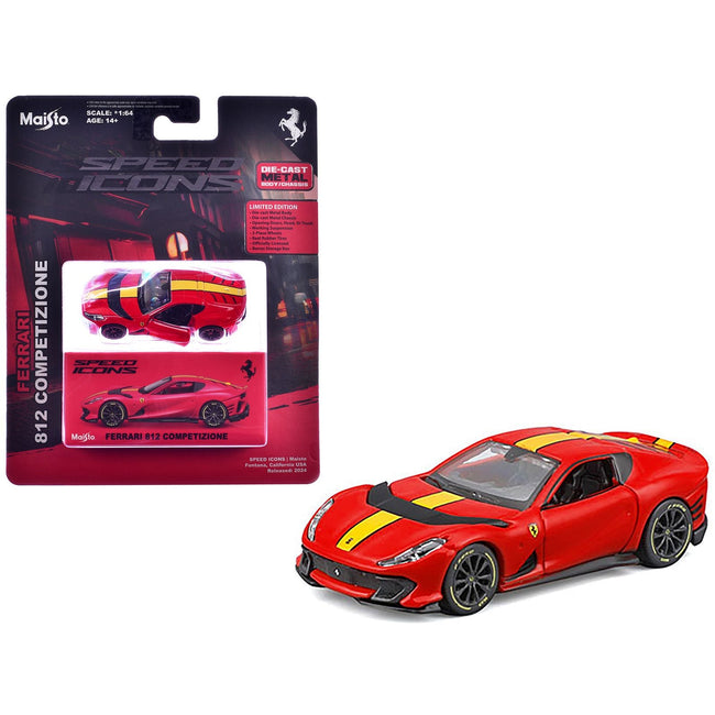 Ferrari 812 Competizione Red with Yellow Stripe "Speed Icons" Series 1/64 Diecast Model Car by Maisto-Maisto-ModelCars.com