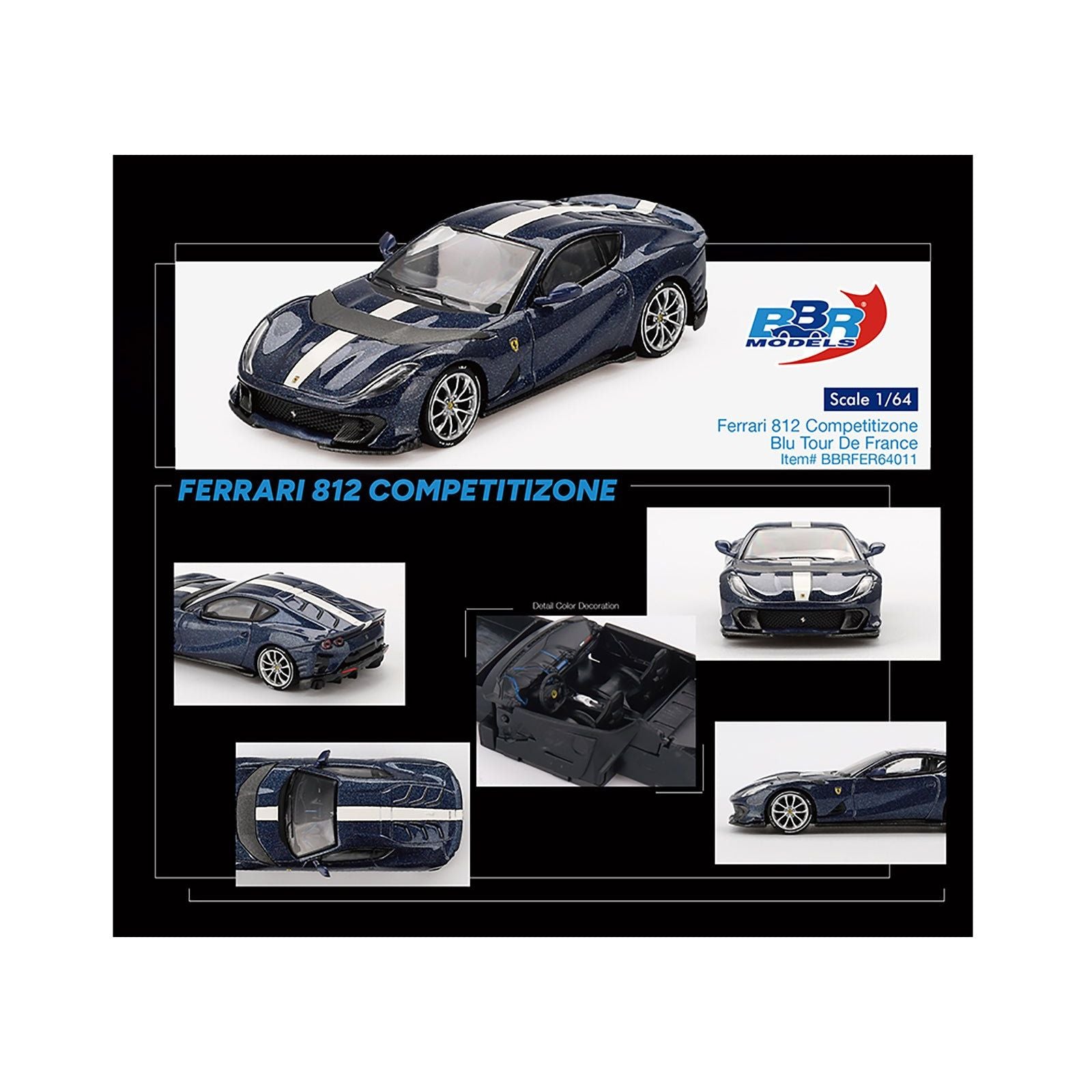 Ferrari 812 Competizione Tour De France Blue with White Stripe 1/64 Diecast Model Car by BBR - BBR - ModelCars.com