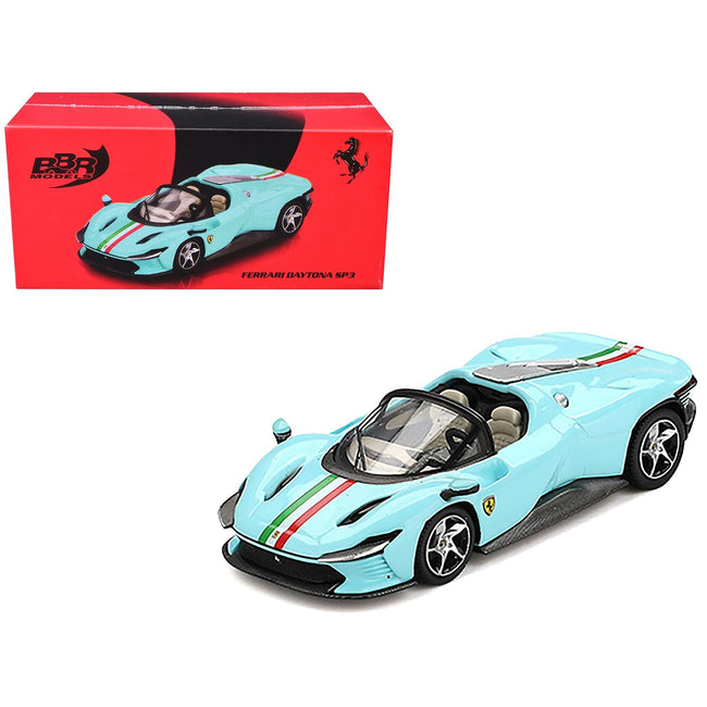 Ferrari Daytona SP3 Light Blue with Italian Flag Stripes 1/64 Diecast Model Car by BBR-BBR-ModelCars.com