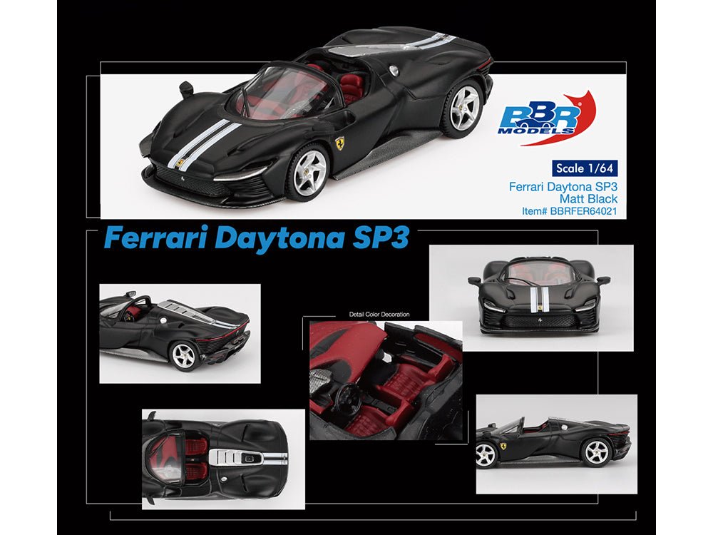 Ferrari Daytona SP3 Matt Black with White Stripes and Red Interior 1/64 Diecast Model Car by BBR-BBR-ModelCars.com