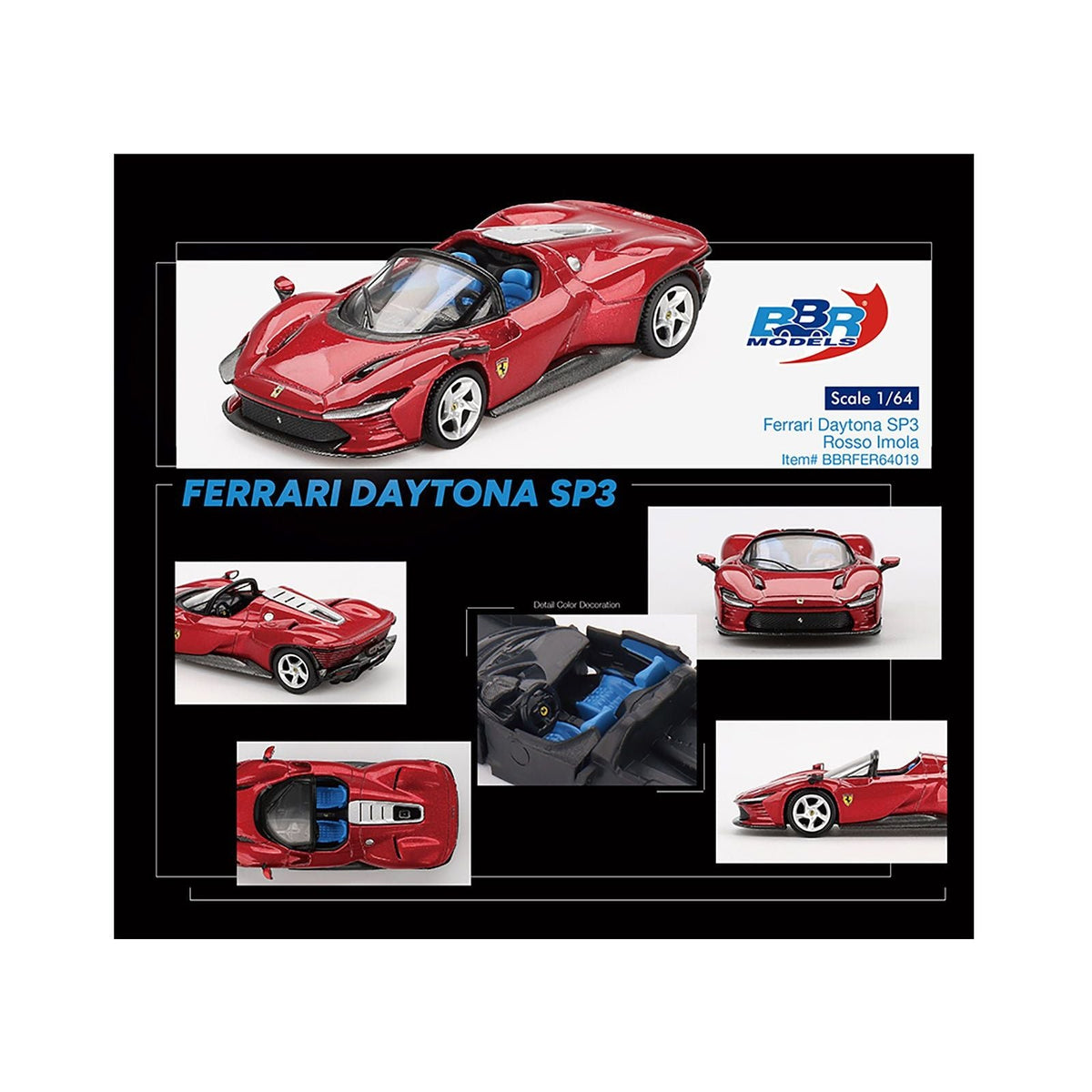 Ferrari Daytona SP3 Rosso Imola Red with Blue Interior 1/64 Diecast Model Car by BBR-BBR-ModelCars.com