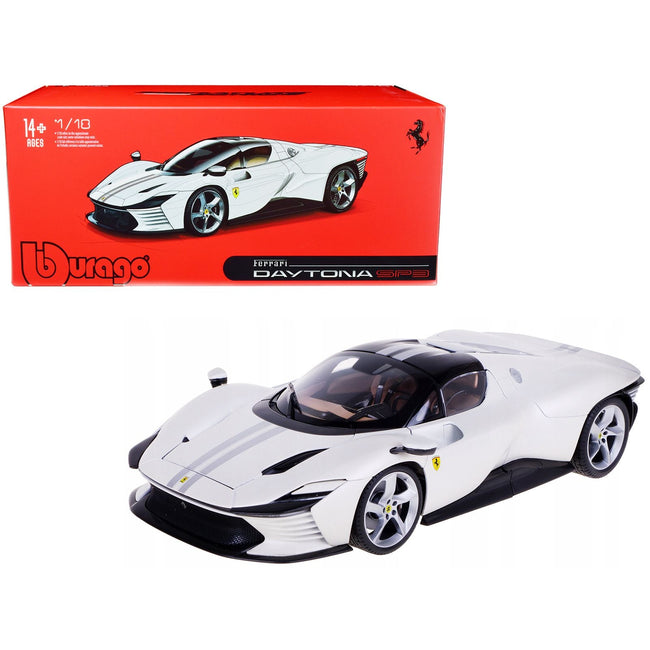Ferrari Daytona SP3 White Metallic with Silver Stripes "Signature Series" 1/18 Diecast Model Car by Bburago-Bburago-ModelCars.com