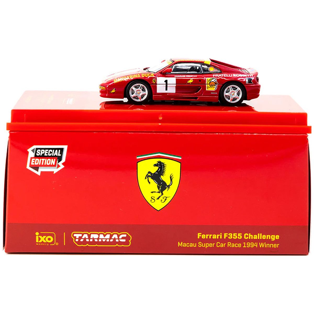 Ferrari F355 Challenge RHD (Right Hand Drive) 1 Charles Kwan Winner "Macau Super Car Race" (1994) "Hobby64" Series 1/64 Diecast Model Car by Tarmac Works - Tarmac Works - ModelCars.com