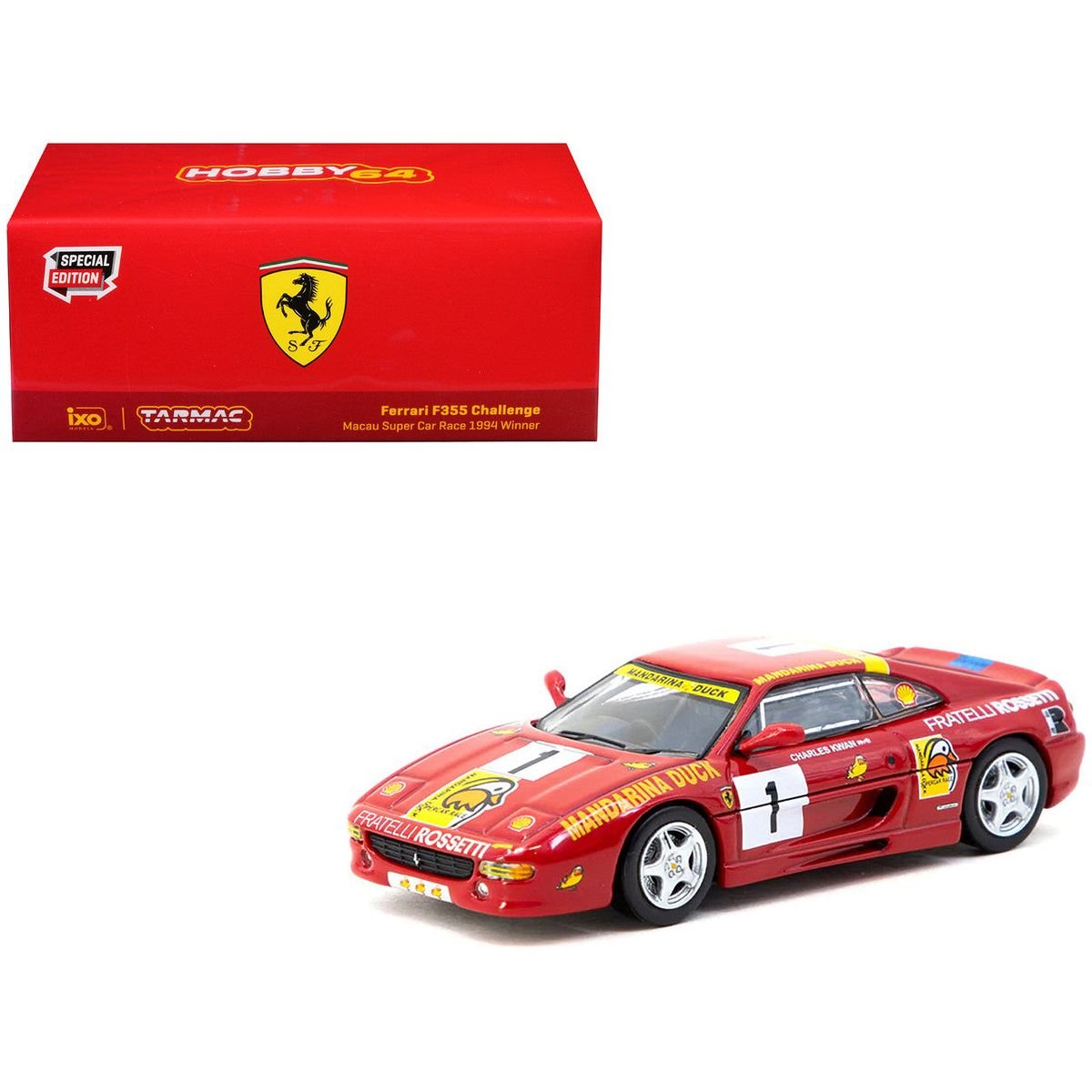 Ferrari F355 Challenge RHD (Right Hand Drive) 1 Charles Kwan Winner "Macau Super Car Race" (1994) "Hobby64" Series 1/64 Diecast Model Car by Tarmac Works - Tarmac Works - ModelCars.com