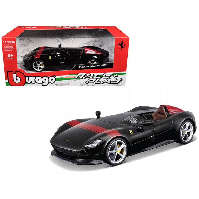 Ferrari Monza SP1 Black Metallic with Red Stripes "Race & Play" Series 1/24 Diecast Model Car by Bburago-Bburago-ModelCars.com