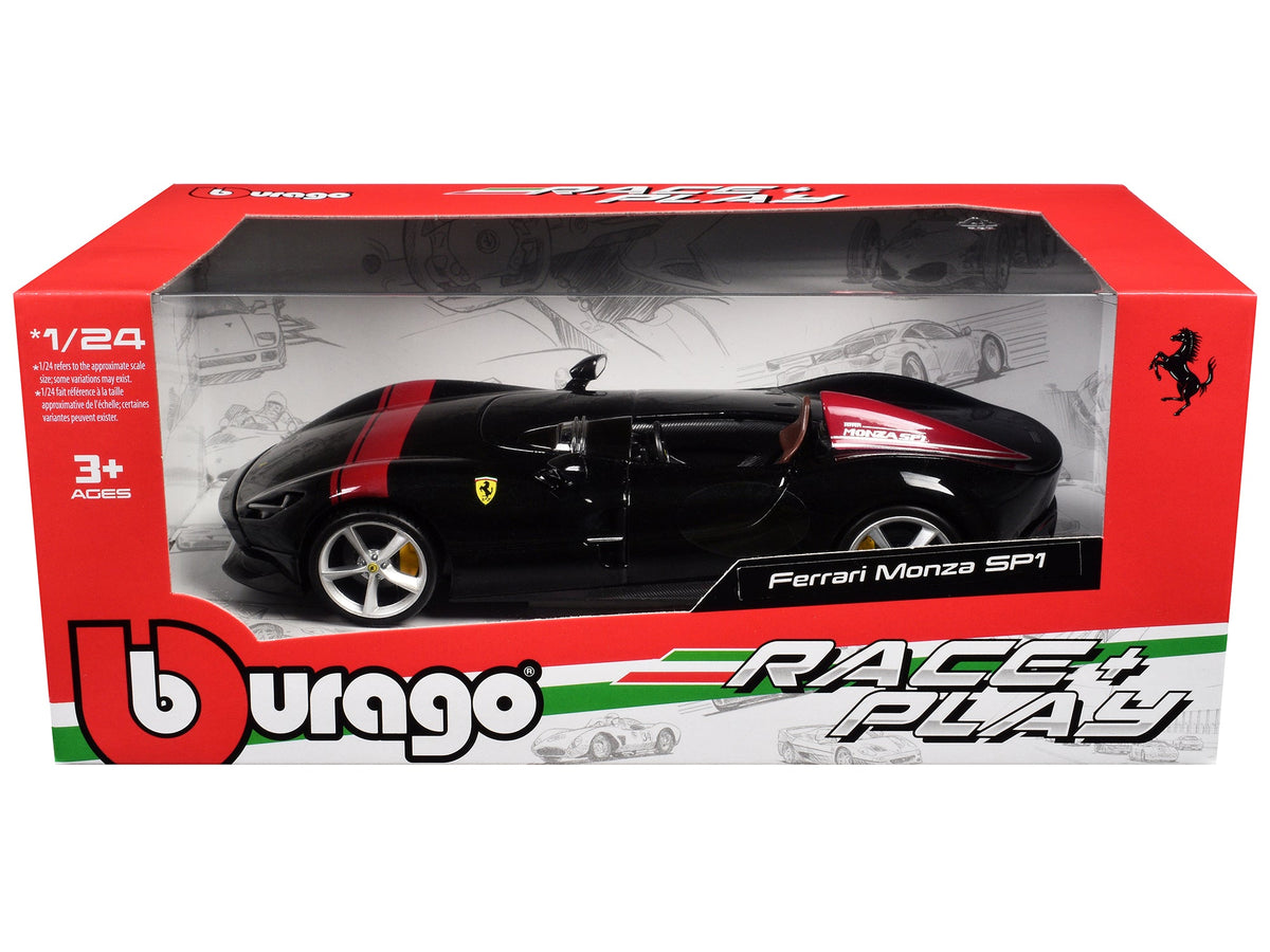 Ferrari Monza SP1 Black Metallic with Red Stripes "Race & Play" Series 1/24 Diecast Model Car by Bburago-Bburago-ModelCars.com