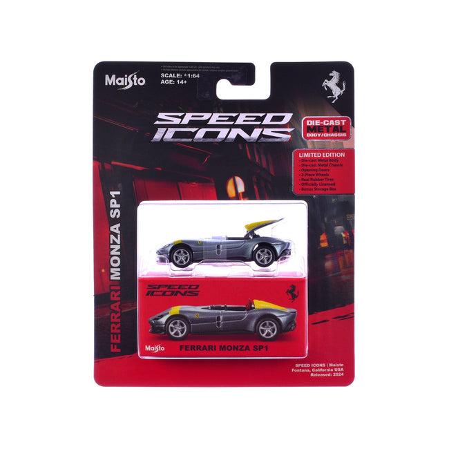 Ferrari Monza SP1 Silver Metallic with Yellow Stripes "Speed Icons" Series 1/64 Diecast Model Car by Maisto-Maisto-ModelCars.com