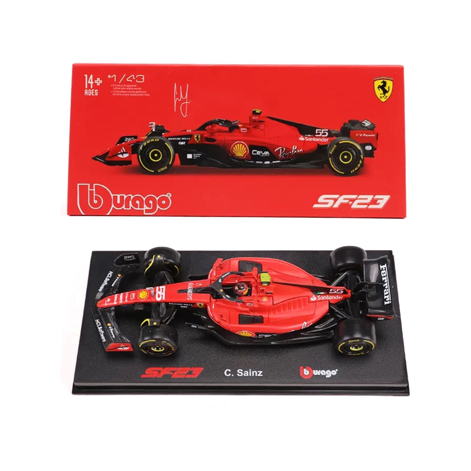 Ferrari SF - 23 55 Carlos Sainz "Formula One F1 World Championship" (2023) with Display Case "Formula Racing" Series 1/43 Diecast Model Car by Bburago - Bburago - ModelCars.com