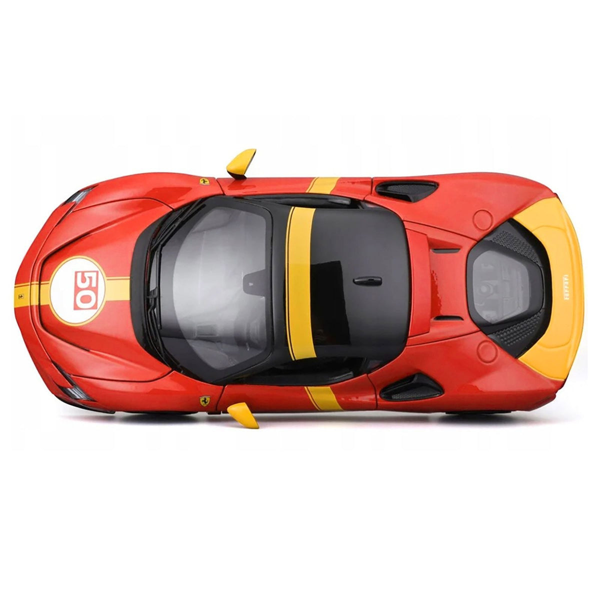 Ferrari SF90 Stradale Assetto Fiorano #50 Red with Black Top and Yellow Stripes "Race + Play" Series 1/18 Diecast Model Car by Bburago-Bburago-ModelCars.com
