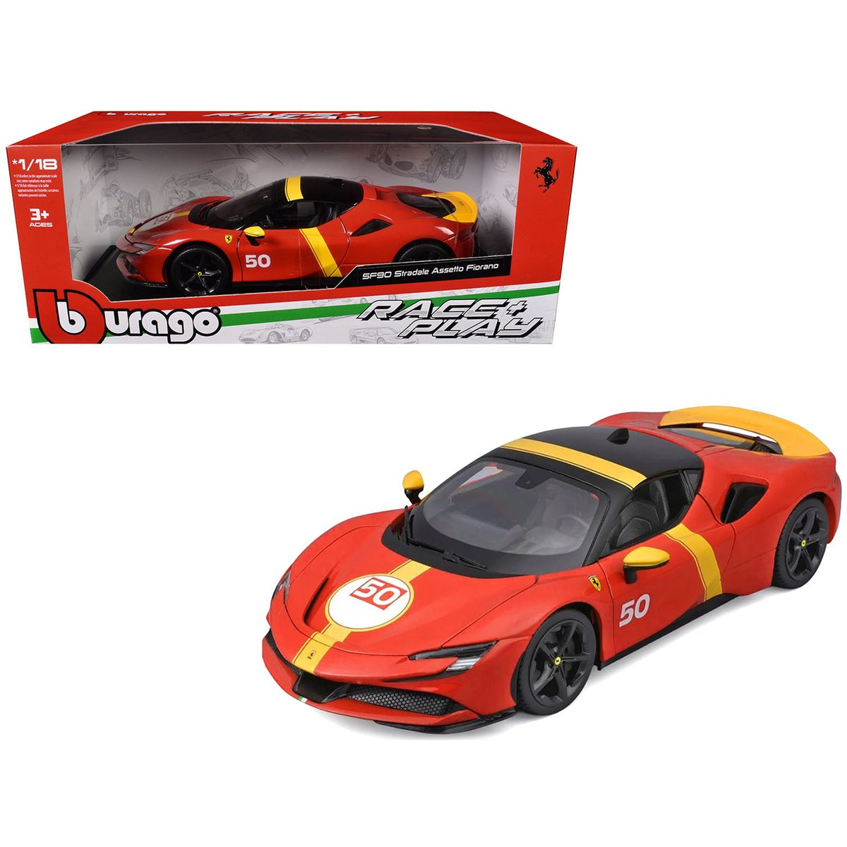 Ferrari SF90 Stradale Assetto Fiorano #50 Red with Black Top and Yellow Stripes "Race + Play" Series 1/18 Diecast Model Car by Bburago-Bburago-ModelCars.com
