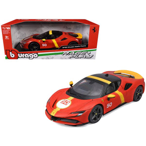 Ferrari SF90 Stradale Assetto Fiorano #50 Red with Black Top and Yellow Stripes "Race + Play" Series 1/18 Diecast Model Car by Bburago