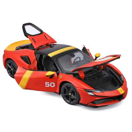 Ferrari SF90 Stradale Assetto Fiorano #50 Red with Black Top and Yellow Stripes "Race + Play" Series 1/18 Diecast Model Car by Bburago-Bburago-ModelCars.com
