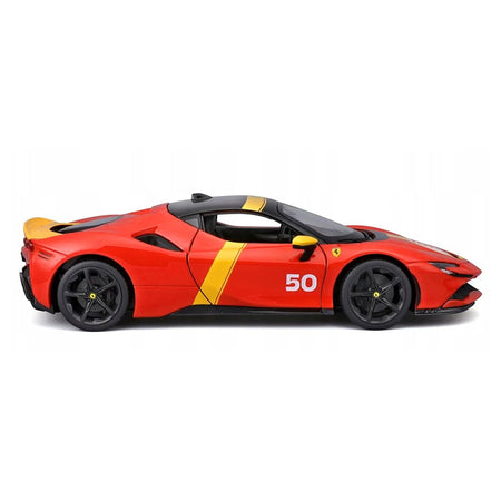 Ferrari SF90 Stradale Assetto Fiorano #50 Red with Black Top and Yellow Stripes "Race + Play" Series 1/18 Diecast Model Car by Bburago-Bburago-ModelCars.com