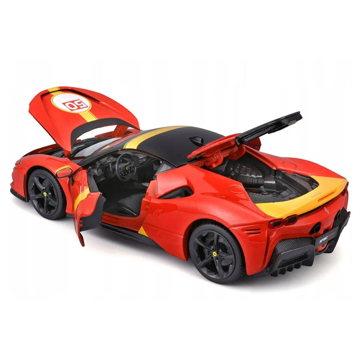 Ferrari SF90 Stradale Assetto Fiorano #50 Red with Black Top and Yellow Stripes "Race + Play" Series 1/18 Diecast Model Car by Bburago-Bburago-ModelCars.com