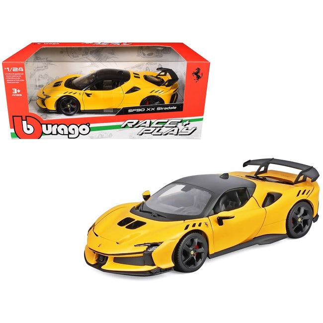 Ferrari SF90 XX Stradale Yellow with Black Top "Race and Play" Series 1/24 Diecast Model Car by Bburago-Bburago-ModelCars.com