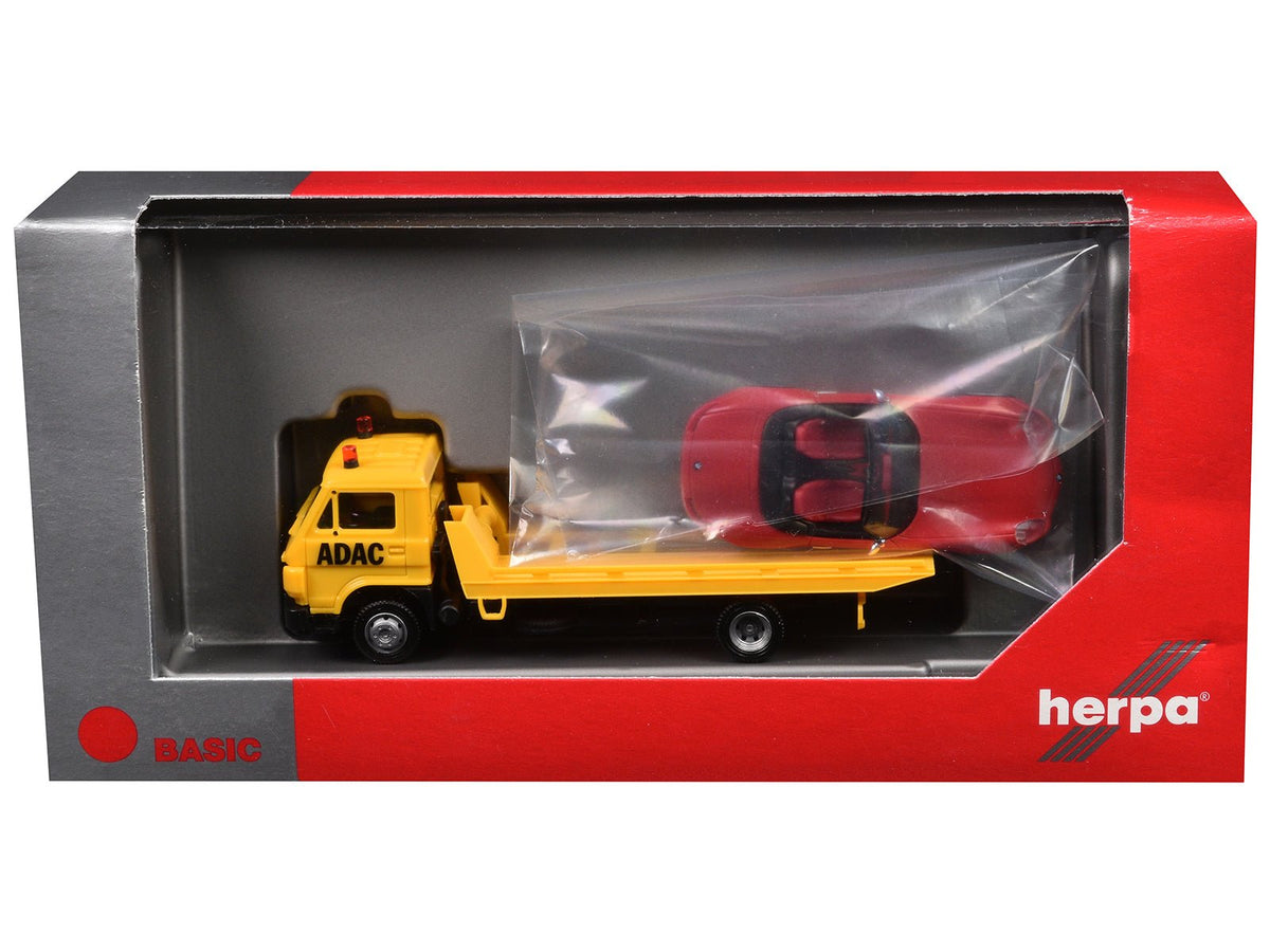 Flatbed Tow Truck "ADAC" Yellow and BMW Z4 Convertible Red Set of 2 pieces 1/87 (HO) Plastic Model Cars by Promotex-Promotex-ModelCars.com