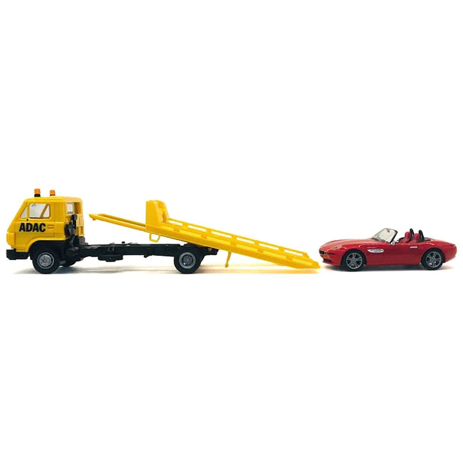 Flatbed Tow Truck "ADAC" Yellow and BMW Z4 Convertible Red Set of 2 pieces 1/87 (HO) Plastic Model Cars by Promotex-Promotex-ModelCars.com