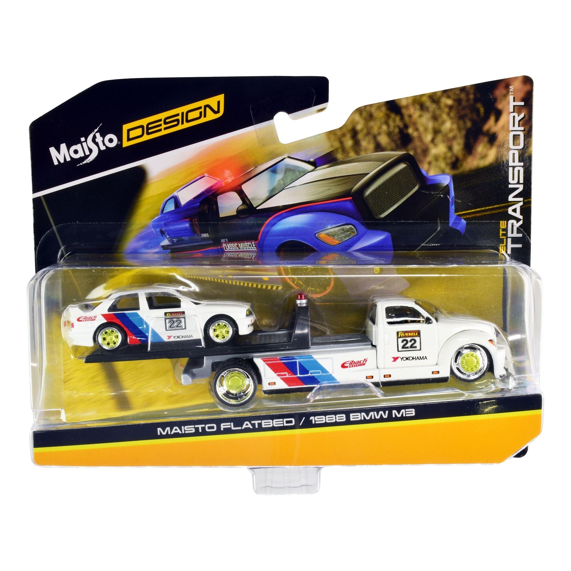 Flatbed Truck 22 White with Stripes and 1988 BMW M3 E30 22 White with Stripes "Elite Transport" Series 1/64 Diecast Models by Maisto - Muscle Machines - ModelCars.com
