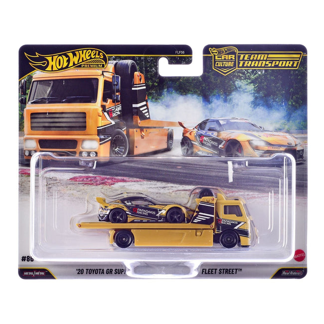 Fleet Street Flatbed Truck Yellow with Graphics and 2020 Toyota GR Supra #15 Yellow with Black Graphics "Papadakis Racing" "Team Transport - Car Culture" Series Diecast Model Cars by Hot Wheels-Hotwheels-ModelCars.com